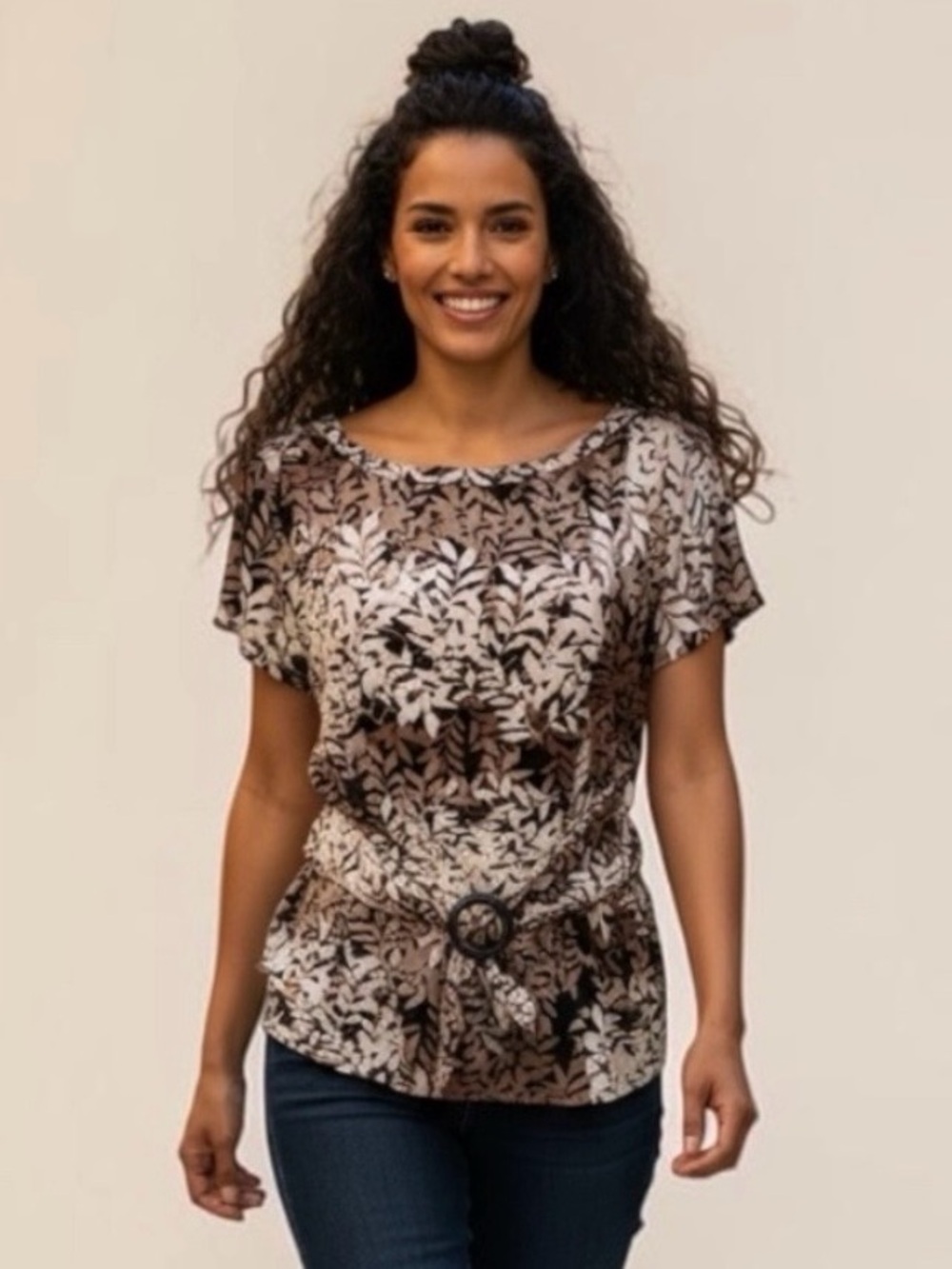Perceptions New York Top Cap Sleeve Leaf Pattern Belt Waist Light/Dark Brown 12P